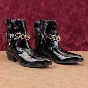 Love Moschino Women Western Harness Patent Leather Block Ankle Boots 6US EUR36